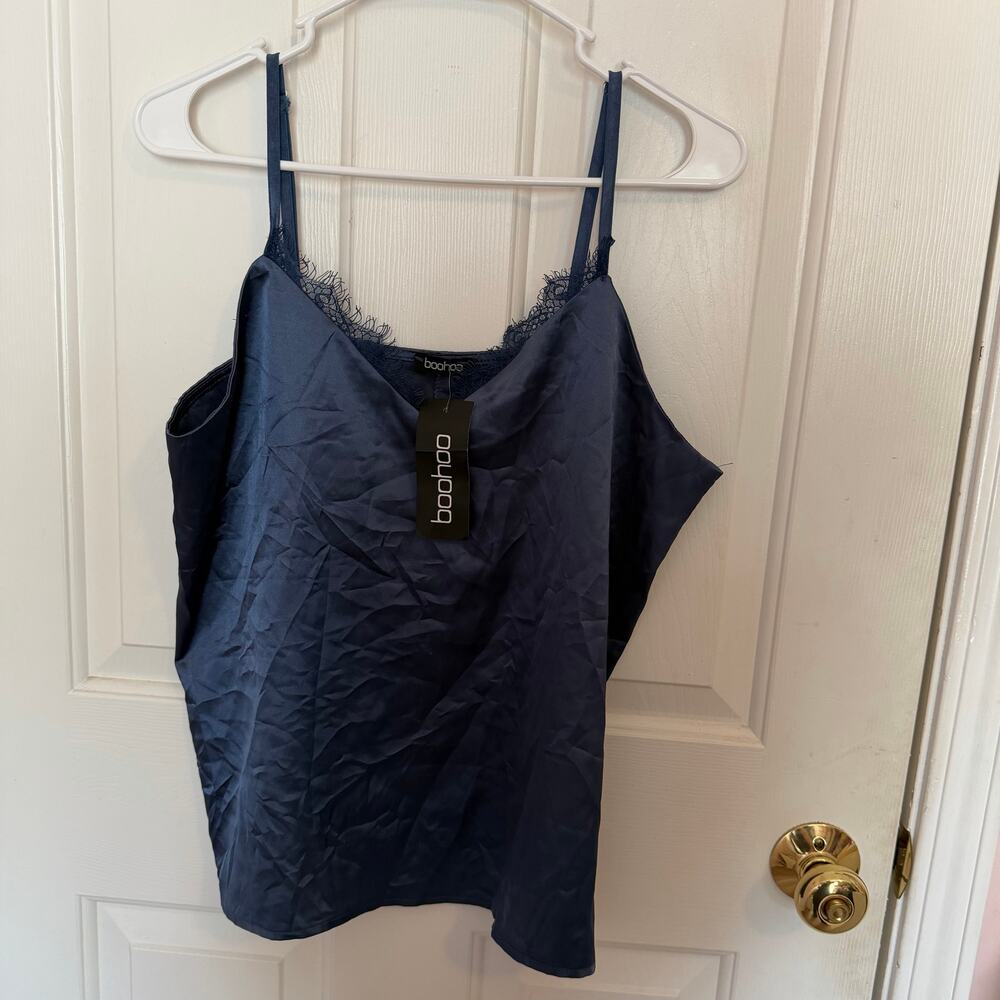 NWT Boohoo Navy Blue Lace Trim Satin Cami Tank Top Women's 14 (XL)